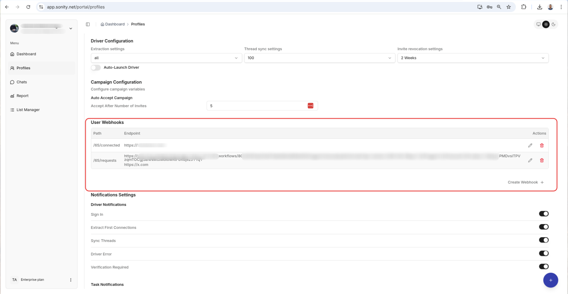 Click webhook menu