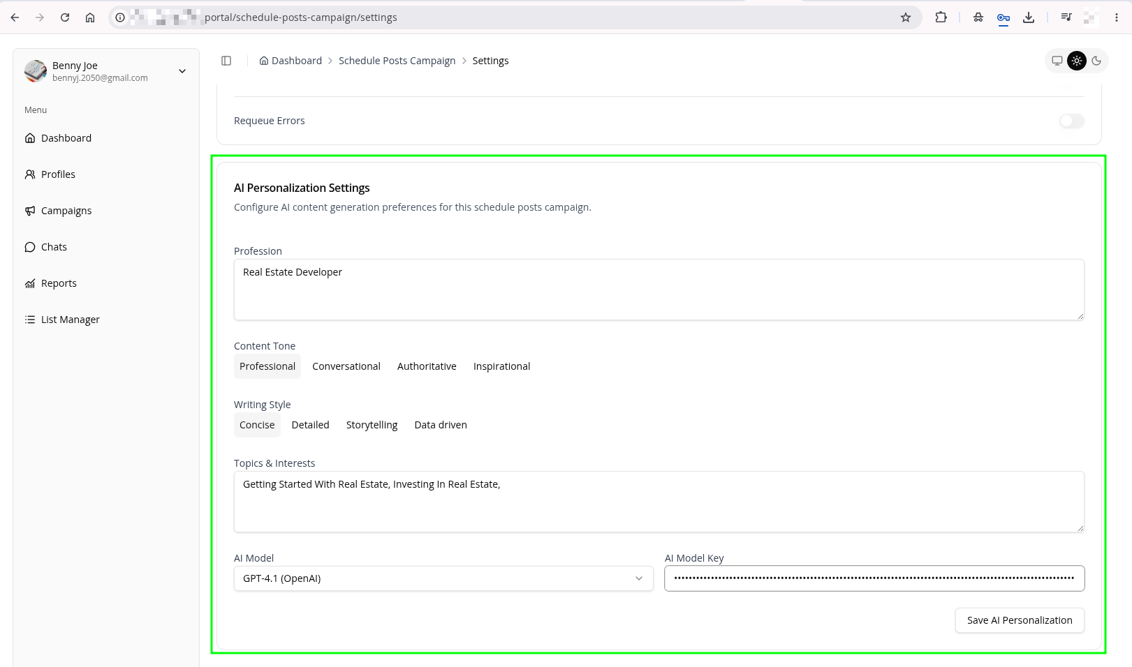 AI Personalization settings