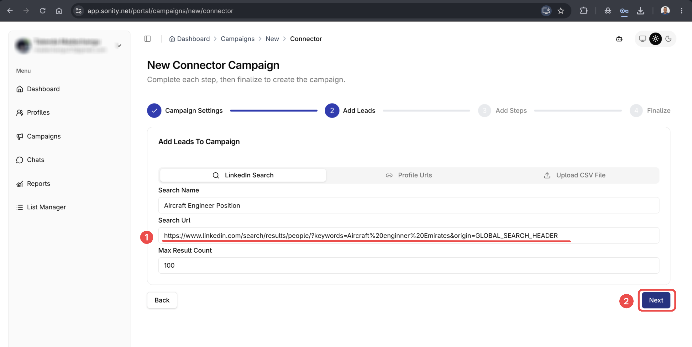 Paste search URL and click next