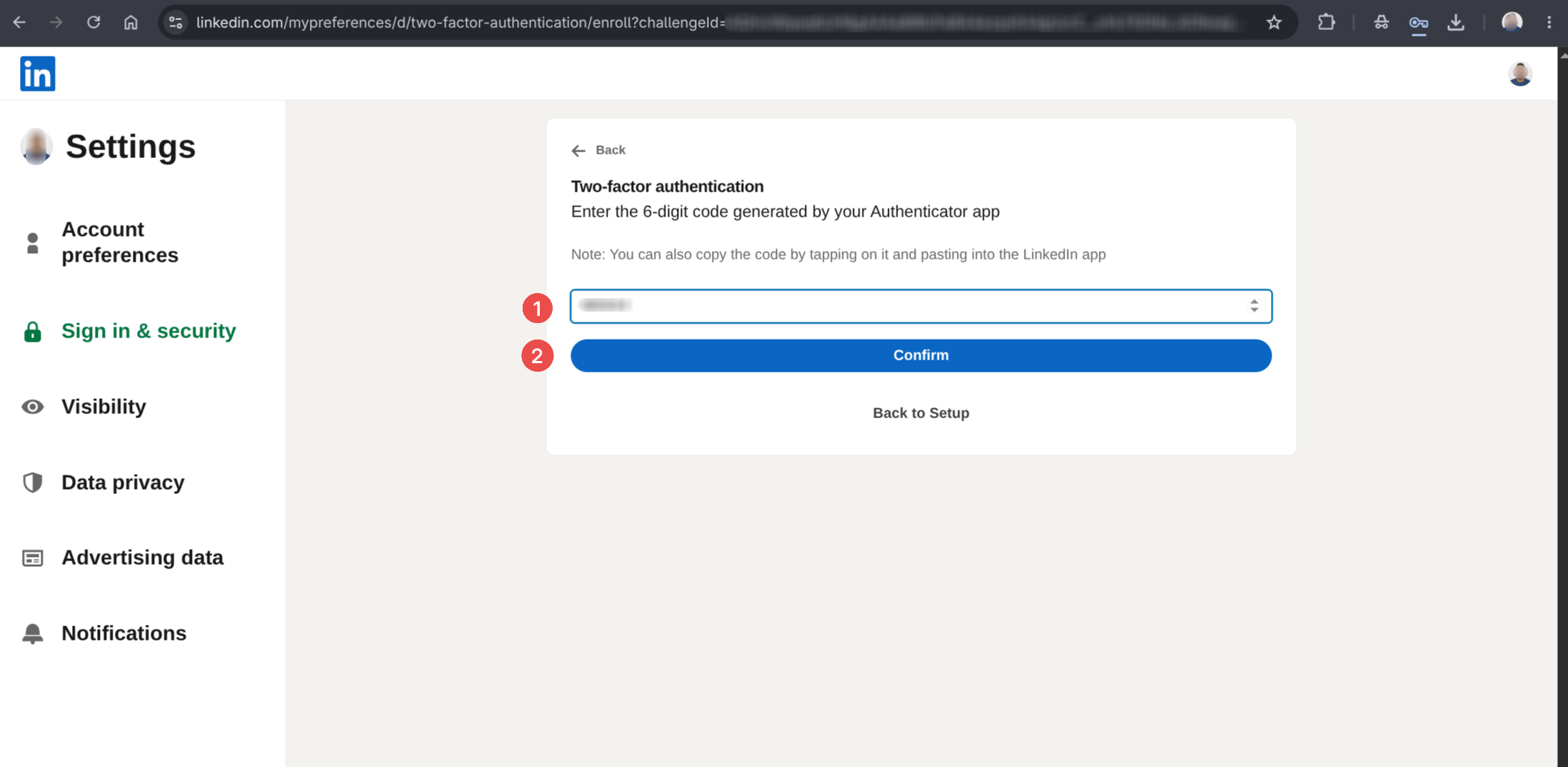 Enter code and continue